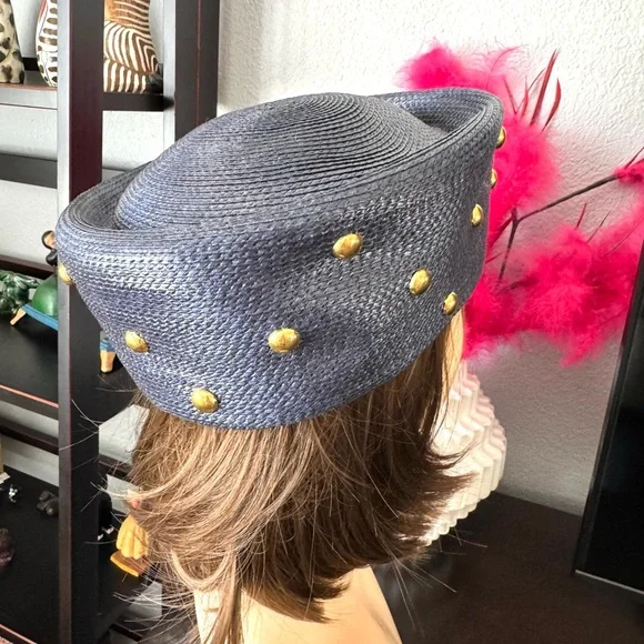 Vintage Navy Blue and Gold Studded Women's Hat - Picture 5 of 9